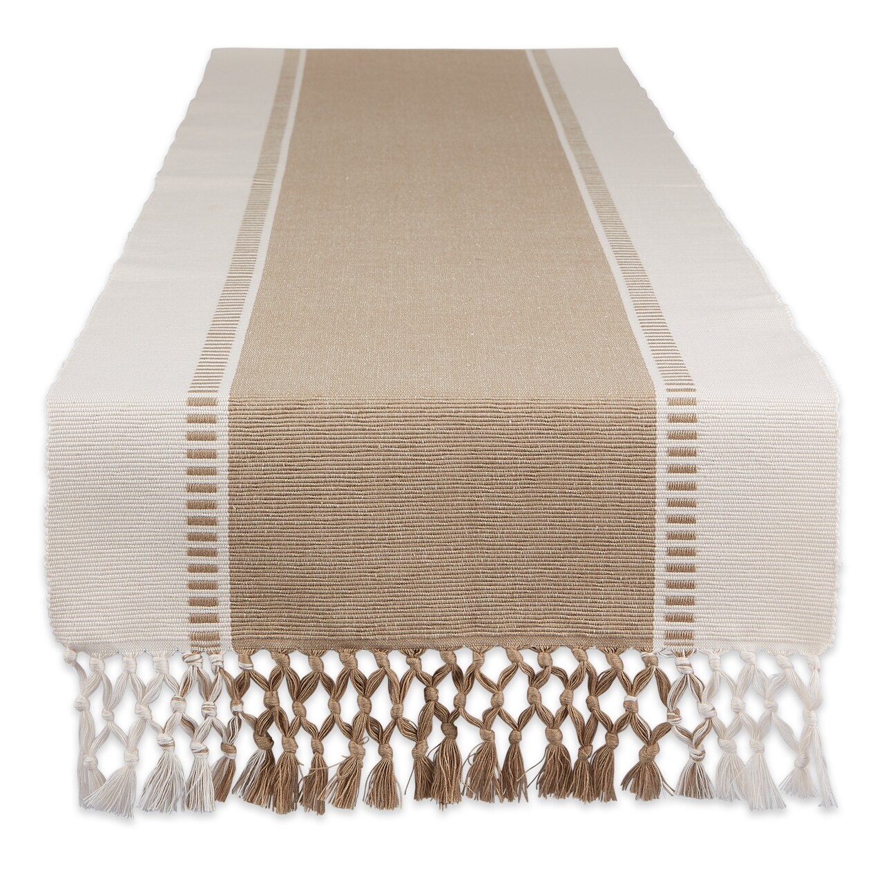 Contemporary Home Living Dobby Stripe Ribbed Table Runner with Mini Tassels - 72" - Cream and Beige